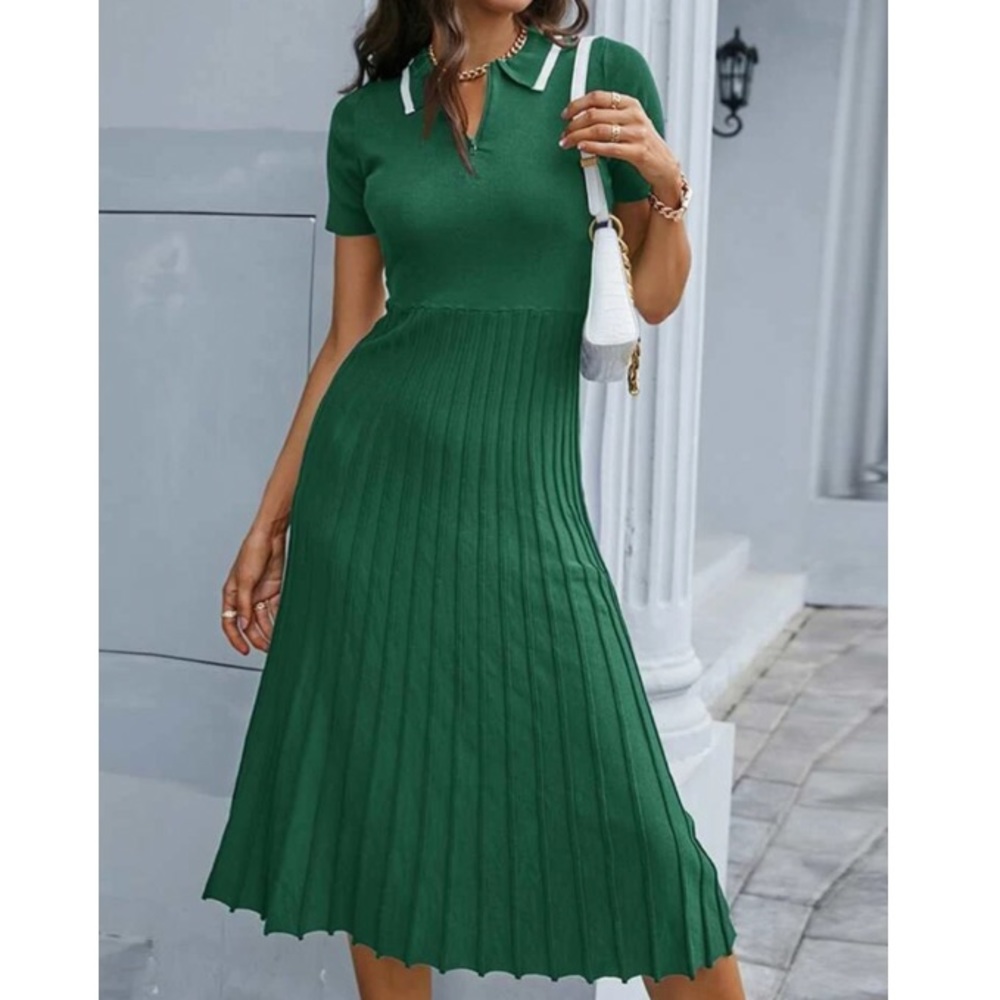 Color block collar pleated sweater dress burgundy - Picture 5 of 15